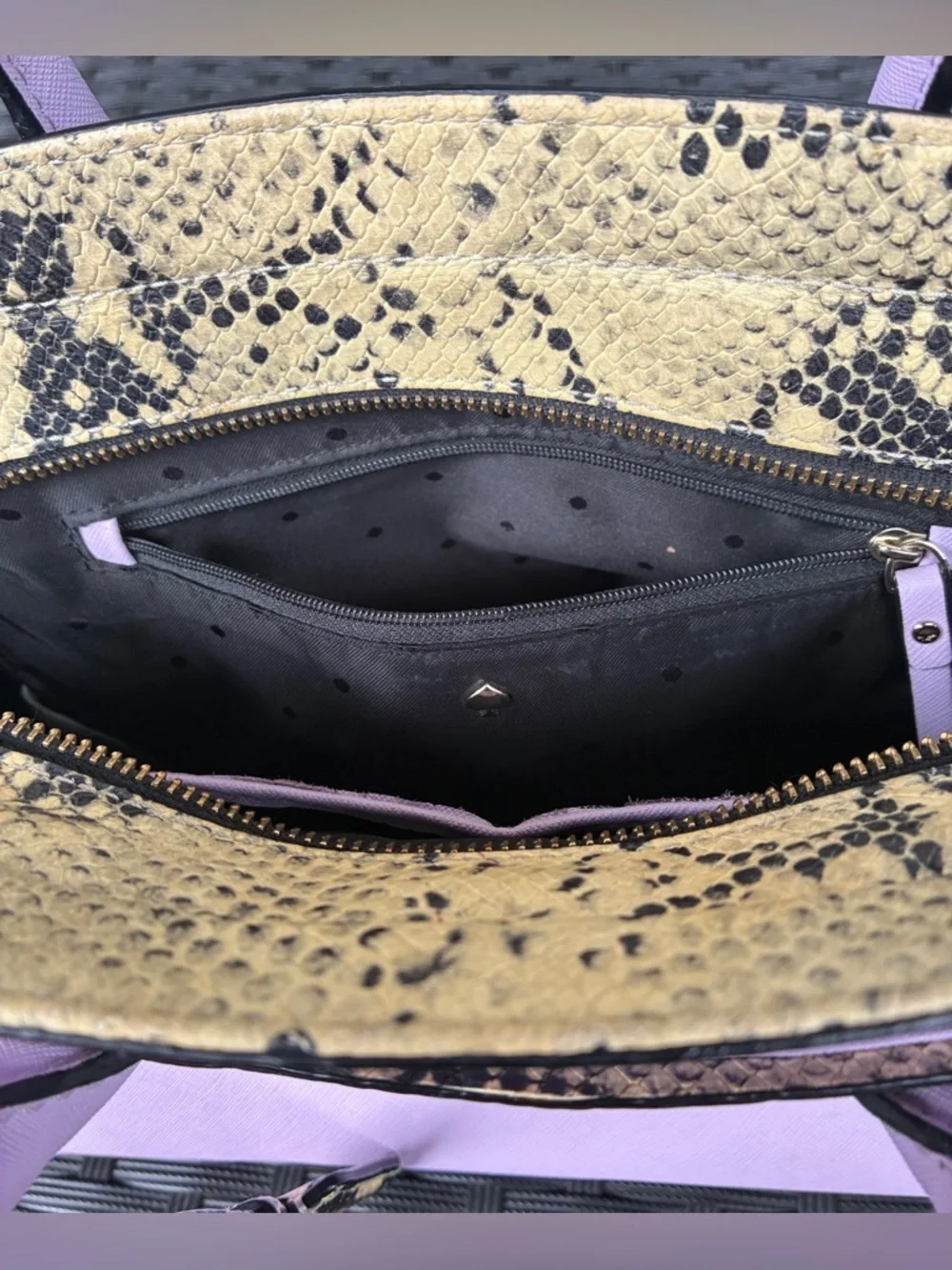 kate spade lilac satchel with yellow snake-print trim